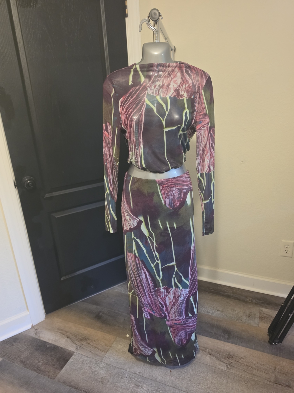 Floral Print Long Sleeve Skirt Set - Purple & Green